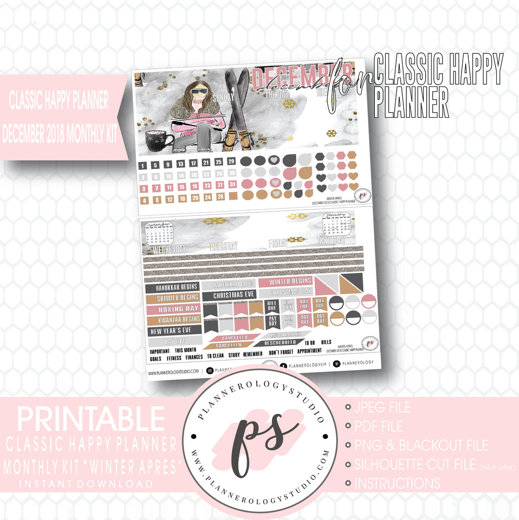 Winter Apres December 2018 Monthly View Kit Digital Printable Planner Stickers (for use with Classic Happy Planner) - Plannerologystudio