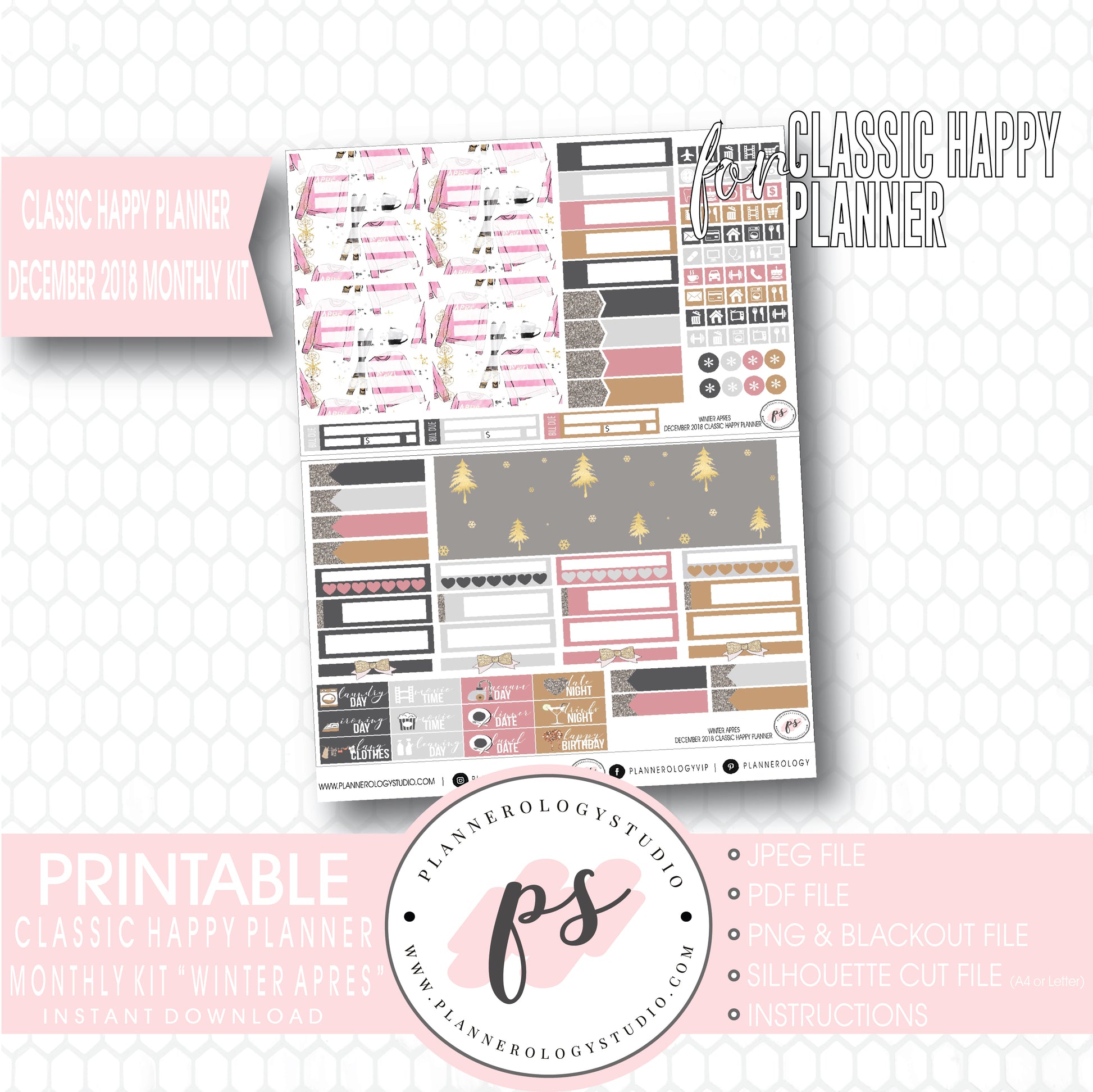 Winter Apres December 2018 Monthly View Kit Digital Printable Planner Stickers (for use with Classic Happy Planner) - Plannerologystudio