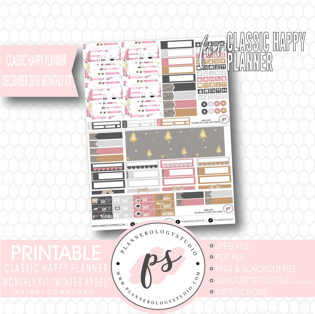 Winter Apres December 2018 Monthly View Kit Digital Printable Planner Stickers (for use with Classic Happy Planner) - Plannerologystudio