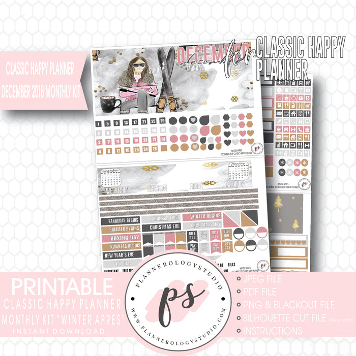 Winter Apres December 2018 Monthly View Kit Digital Printable Planner Stickers (for use with Classic Happy Planner) - Plannerologystudio