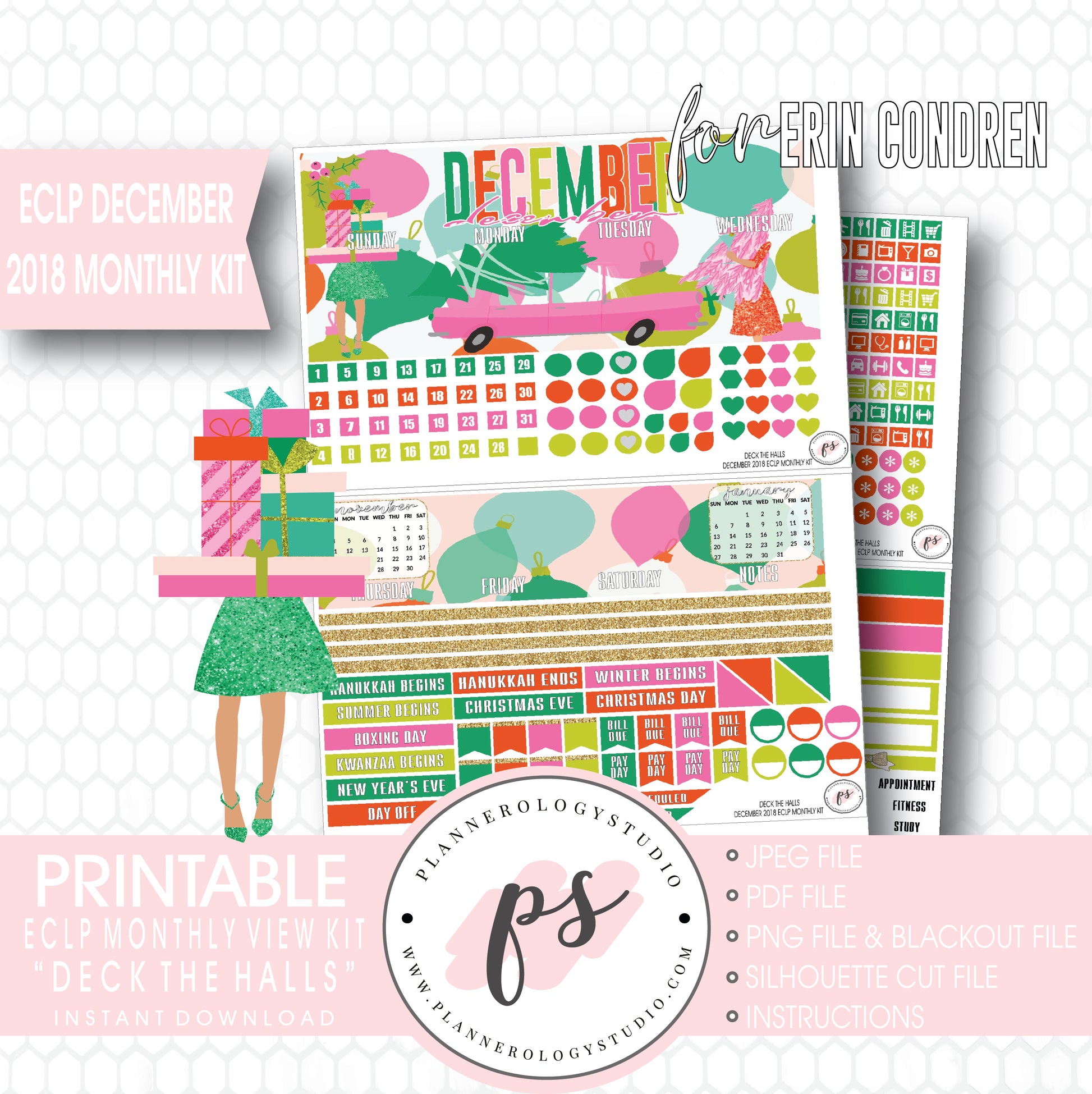 Deck the Halls Christmas December 2018 Monthly View Kit Digital Printable Planner Stickers (for use with Erin Condren) - Plannerologystudio
