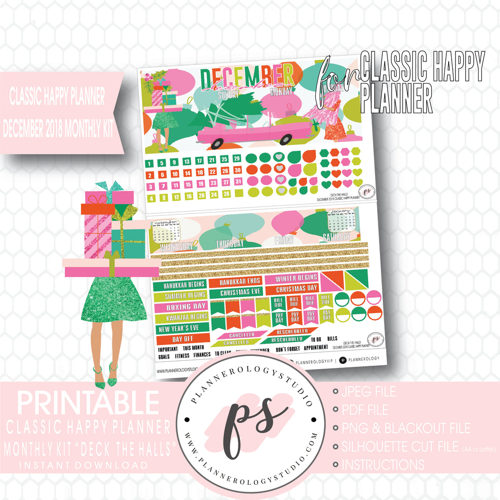 Deck the Halls Christmas December 2018 Monthly View Kit Digital Printable Planner Stickers (for use with Classic Happy Planner) - Plannerologystudio