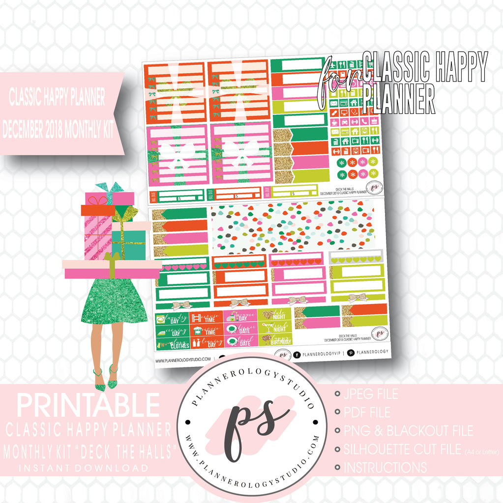 Deck the Halls Christmas December 2018 Monthly View Kit Digital Printable Planner Stickers (for use with Classic Happy Planner) - Plannerologystudio