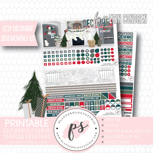 Seasons Greetings Christmas December 2018 Monthly View Kit Digital Printable Planner Stickers (for use with Erin Condren) - Plannerologystudio