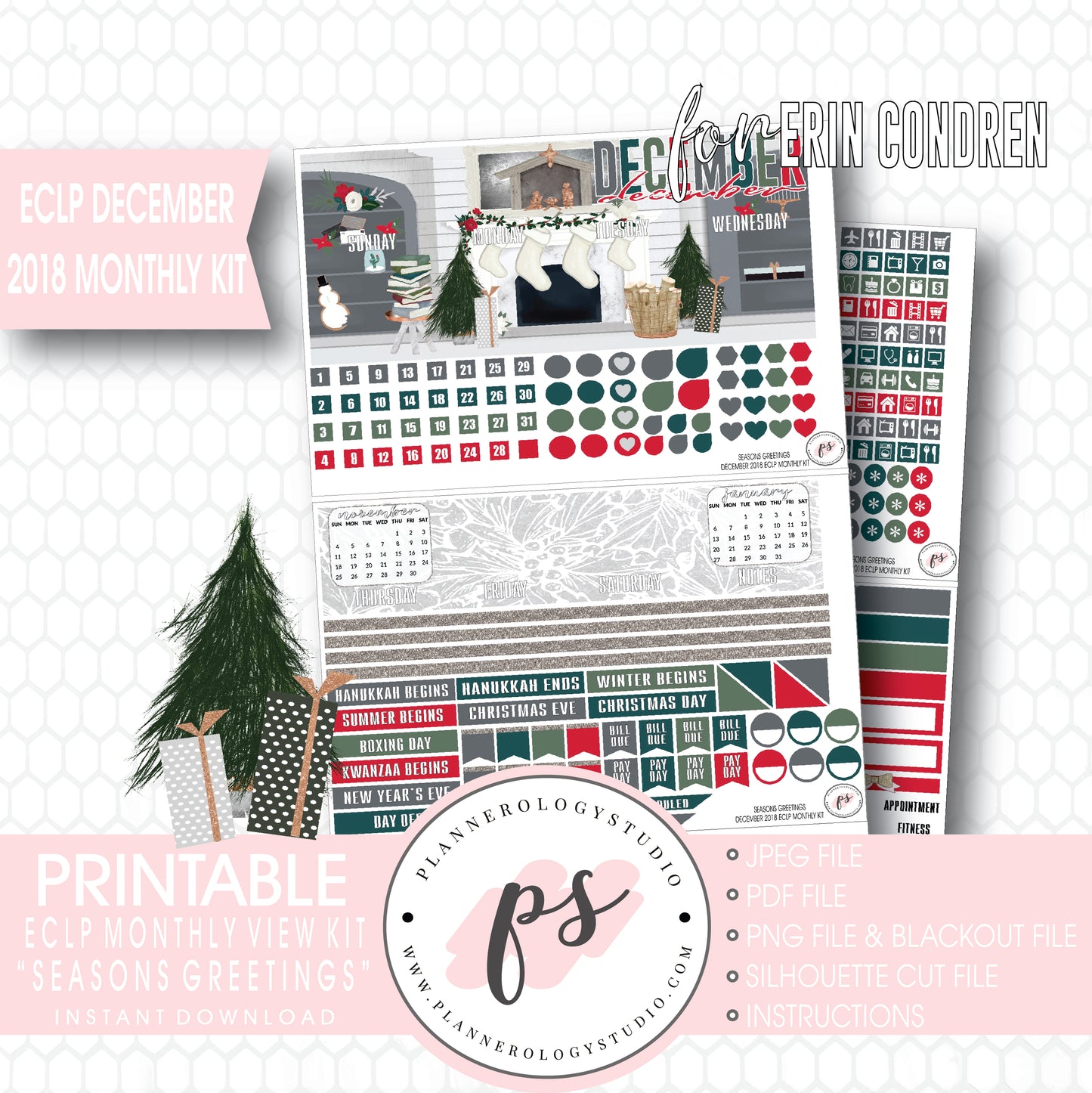 Seasons Greetings Christmas December 2018 Monthly View Kit Digital Printable Planner Stickers (for use with Erin Condren) - Plannerologystudio