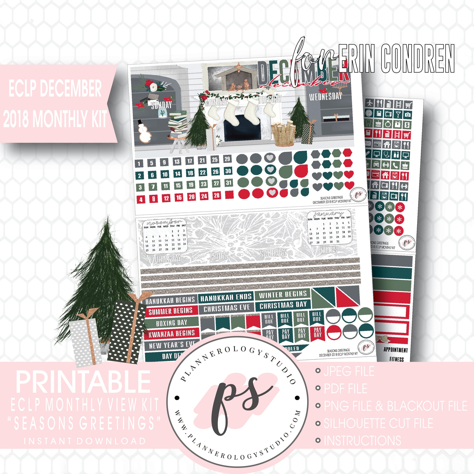 Seasons Greetings Christmas December 2018 Monthly View Kit Digital Printable Planner Stickers (for use with Erin Condren) - Plannerologystudio