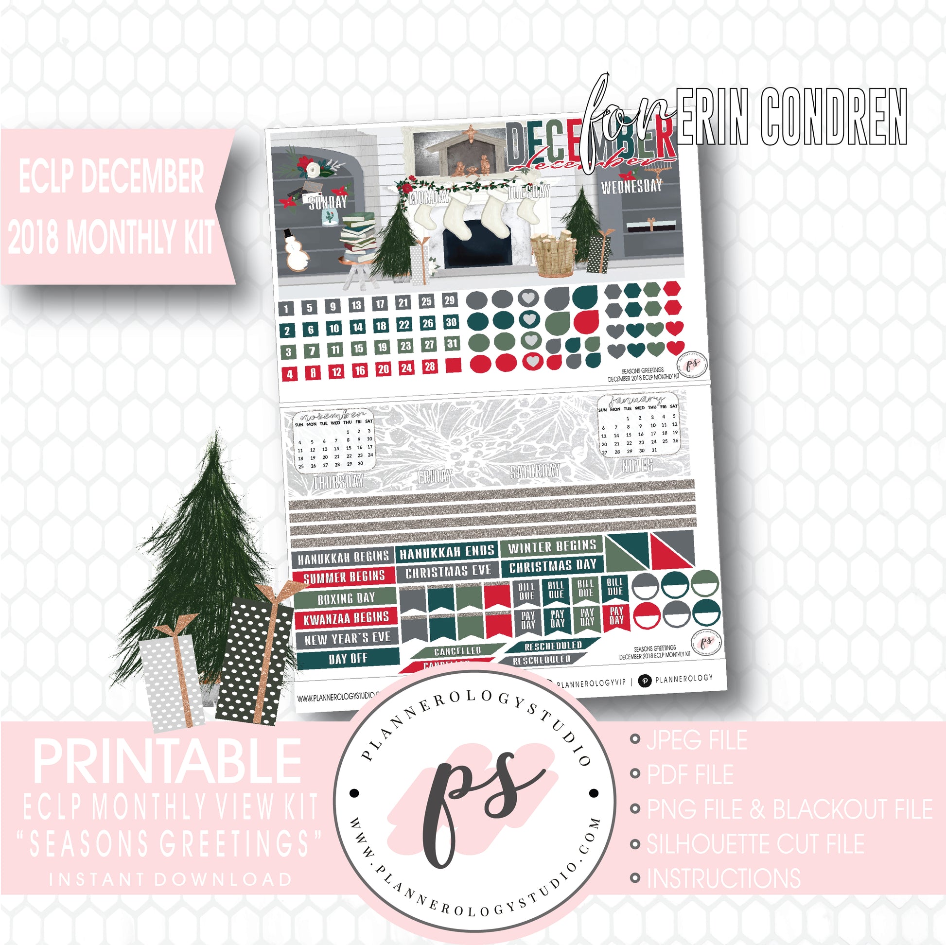 Seasons Greetings Christmas December 2018 Monthly View Kit Digital Printable Planner Stickers (for use with Erin Condren) - Plannerologystudio