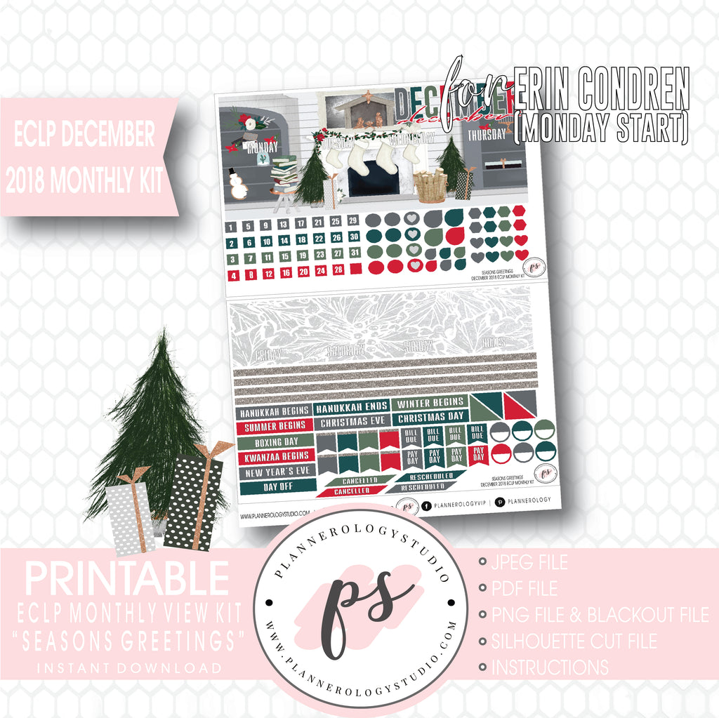 Seasons Greetings Christmas December Monthly View Kit Digital Printable Planner Stickers (for use with Erin Condren) (Undated and Monday Start) - Plannerologystudio