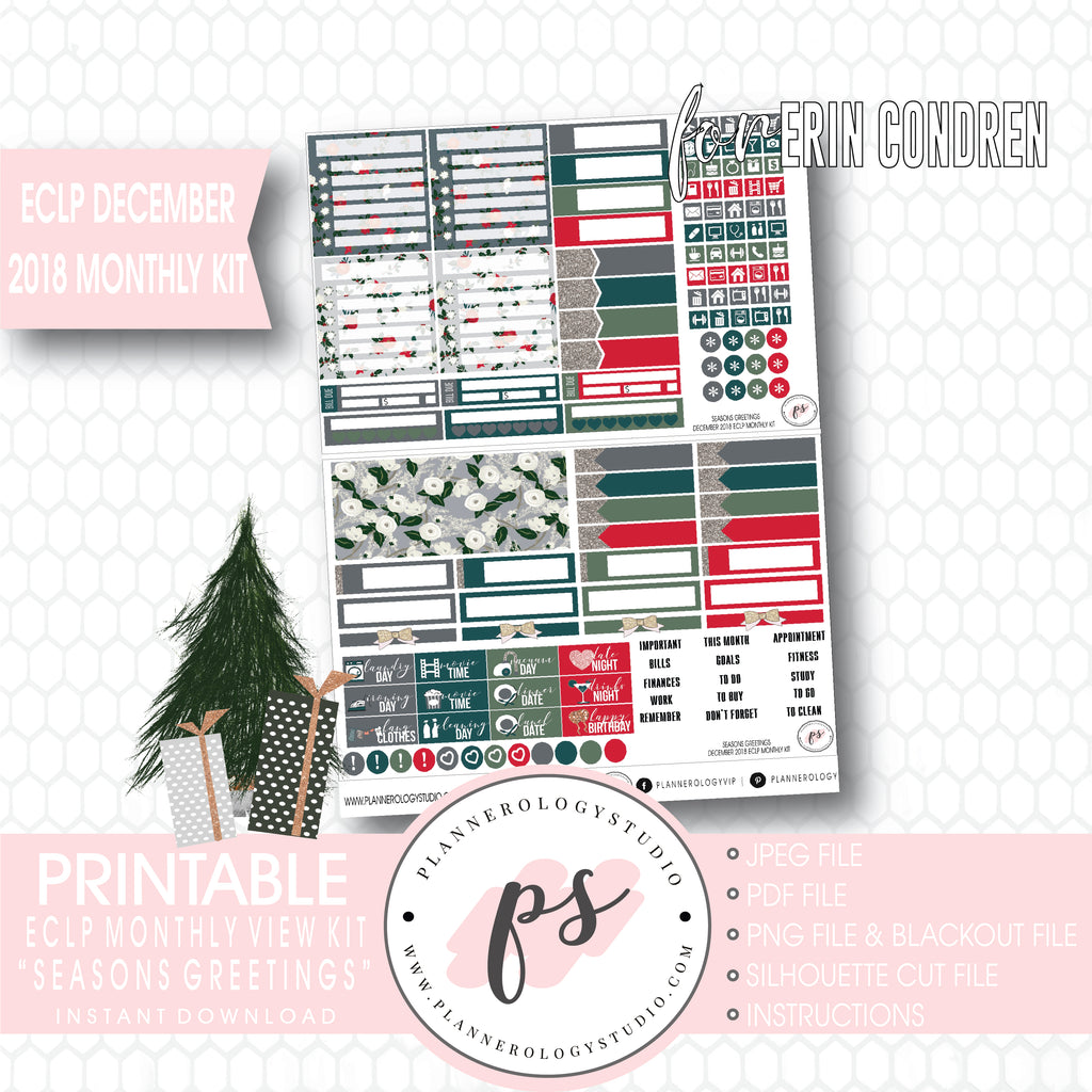 Seasons Greetings Christmas December 2018 Monthly View Kit Digital Printable Planner Stickers (for use with Erin Condren) - Plannerologystudio