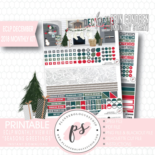 Seasons Greetings Christmas December Monthly View Kit Digital Printable Planner Stickers (for use with Erin Condren) (Undated and Monday Start) - Plannerologystudio