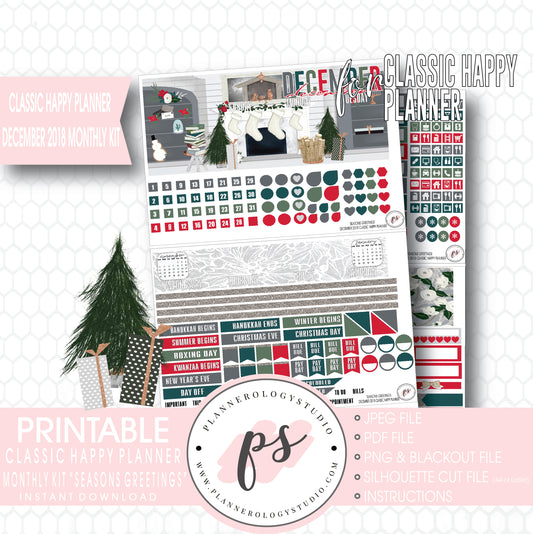 Seasons Greetings Christmas December 2018 Monthly View Kit Digital Printable Planner Stickers (for use with Classic Happy Planner) - Plannerologystudio