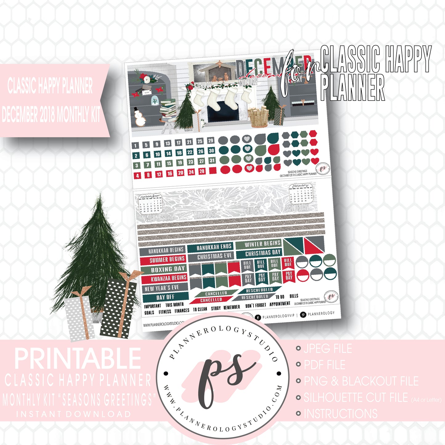 Seasons Greetings Christmas December 2018 Monthly View Kit Digital Printable Planner Stickers (for use with Classic Happy Planner) - Plannerologystudio