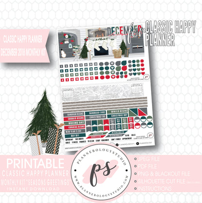 Seasons Greetings Christmas December 2018 Monthly View Kit Digital Printable Planner Stickers (for use with Classic Happy Planner) - Plannerologystudio