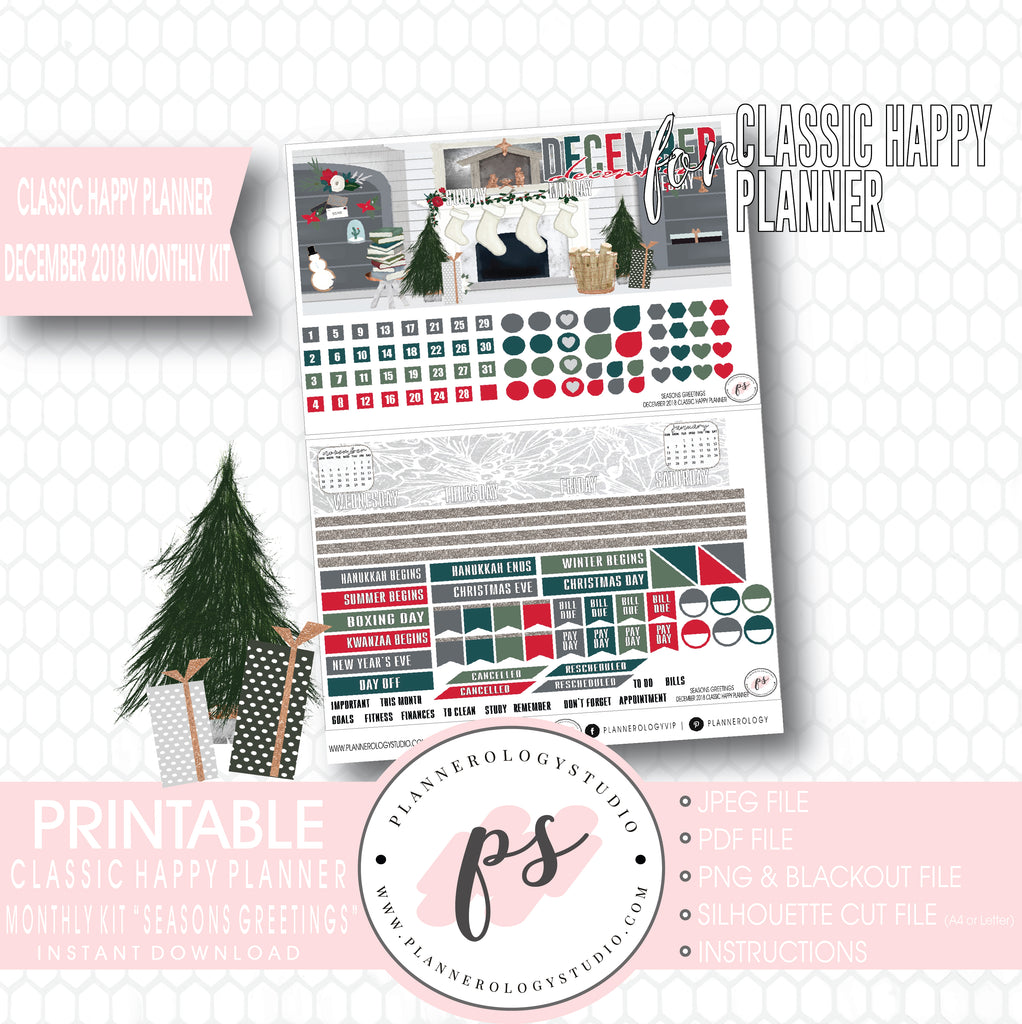 Seasons Greetings Christmas December 2018 Monthly View Kit Digital Printable Planner Stickers (for use with Classic Happy Planner) - Plannerologystudio