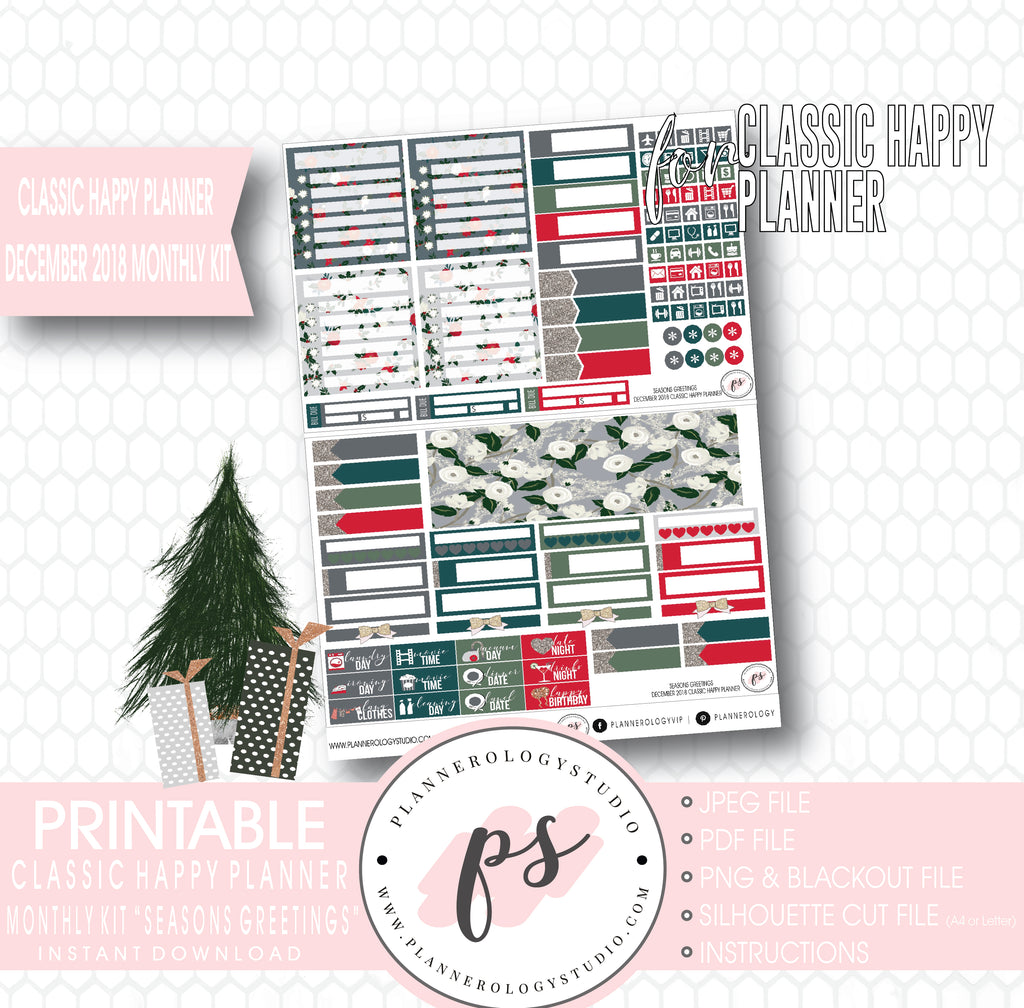Seasons Greetings Christmas December 2018 Monthly View Kit Digital Printable Planner Stickers (for use with Classic Happy Planner) - Plannerologystudio