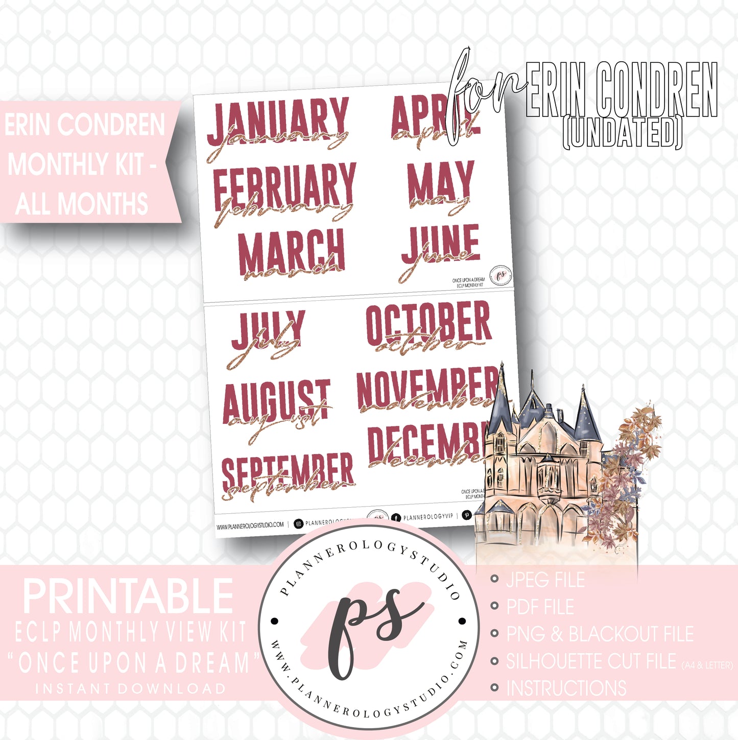 Once Upon a Dream Undated Monthly View Kit (All Months) Digital Printable Planner Stickers (for use with Erin Condren) - Plannerologystudio