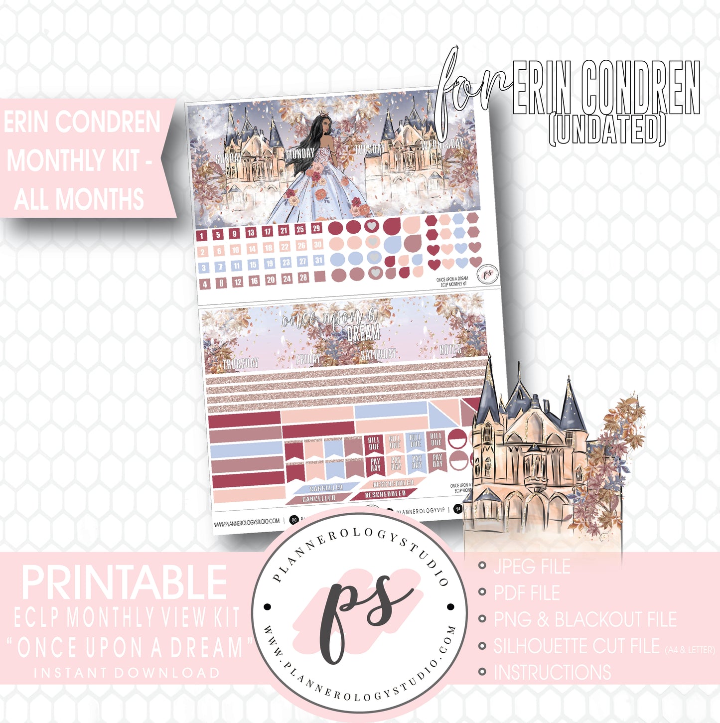 Once Upon a Dream Undated Monthly View Kit (All Months) Digital Printable Planner Stickers (for use with Erin Condren) - Plannerologystudio