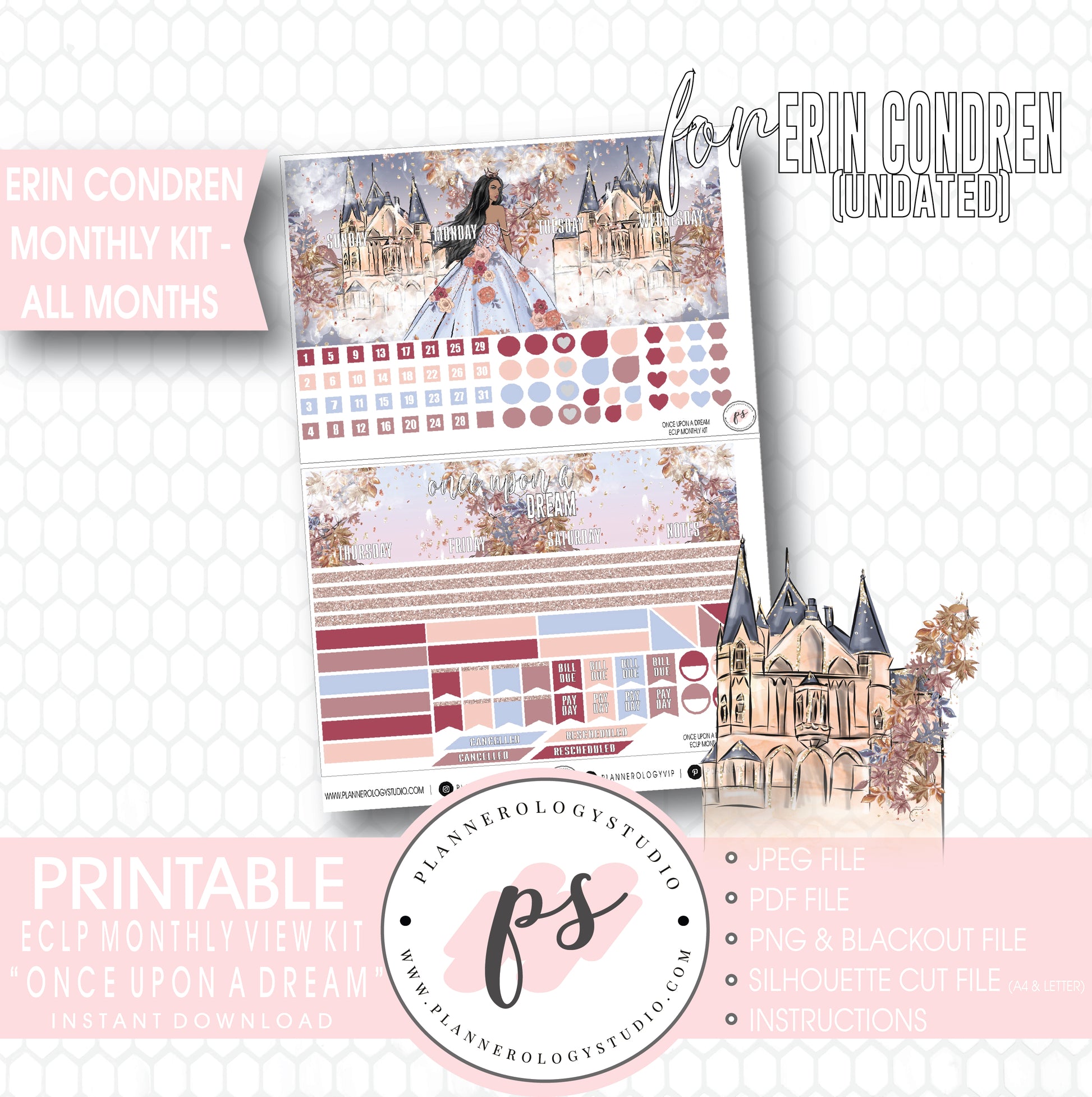 Once Upon a Dream Undated Monthly View Kit (All Months) Digital Printable Planner Stickers (for use with Erin Condren) - Plannerologystudio