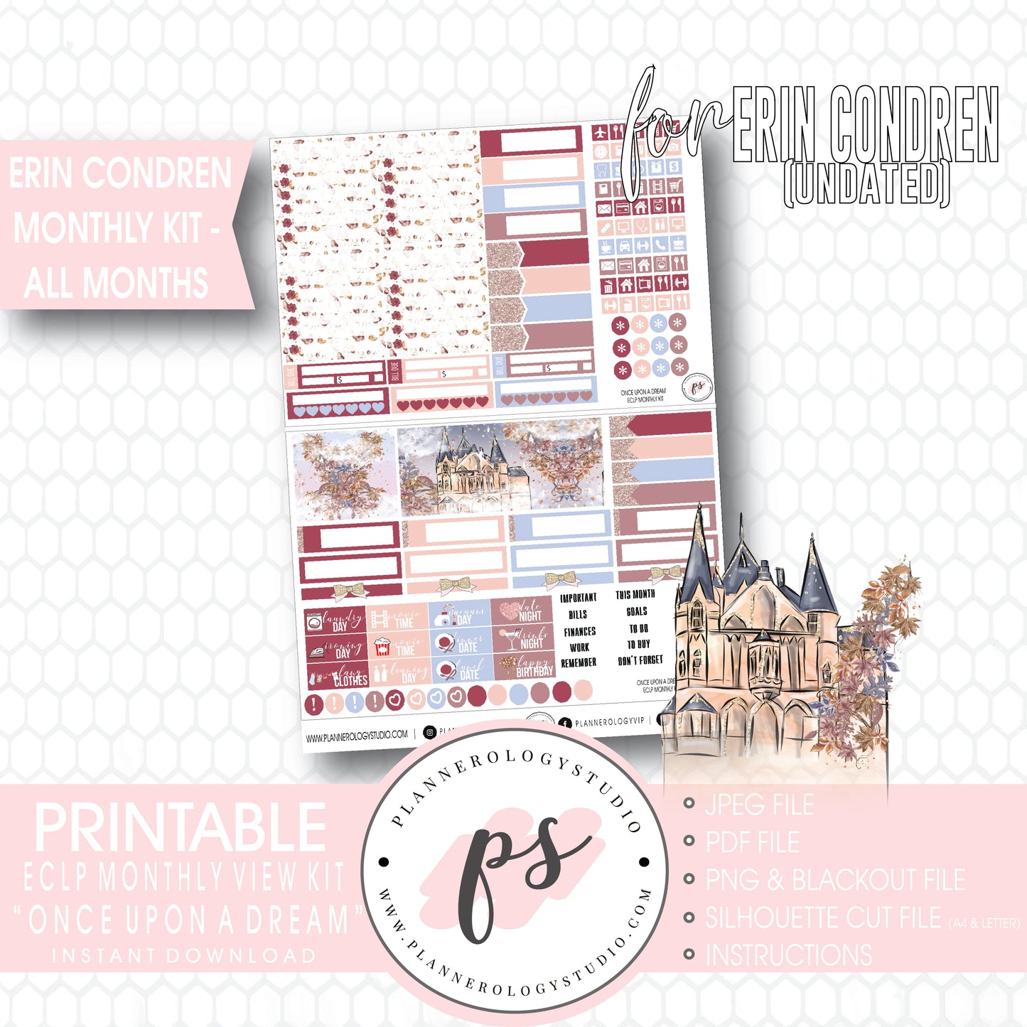 Once Upon a Dream Undated Monthly View Kit (All Months) Digital Printable Planner Stickers (for use with Erin Condren) - Plannerologystudio