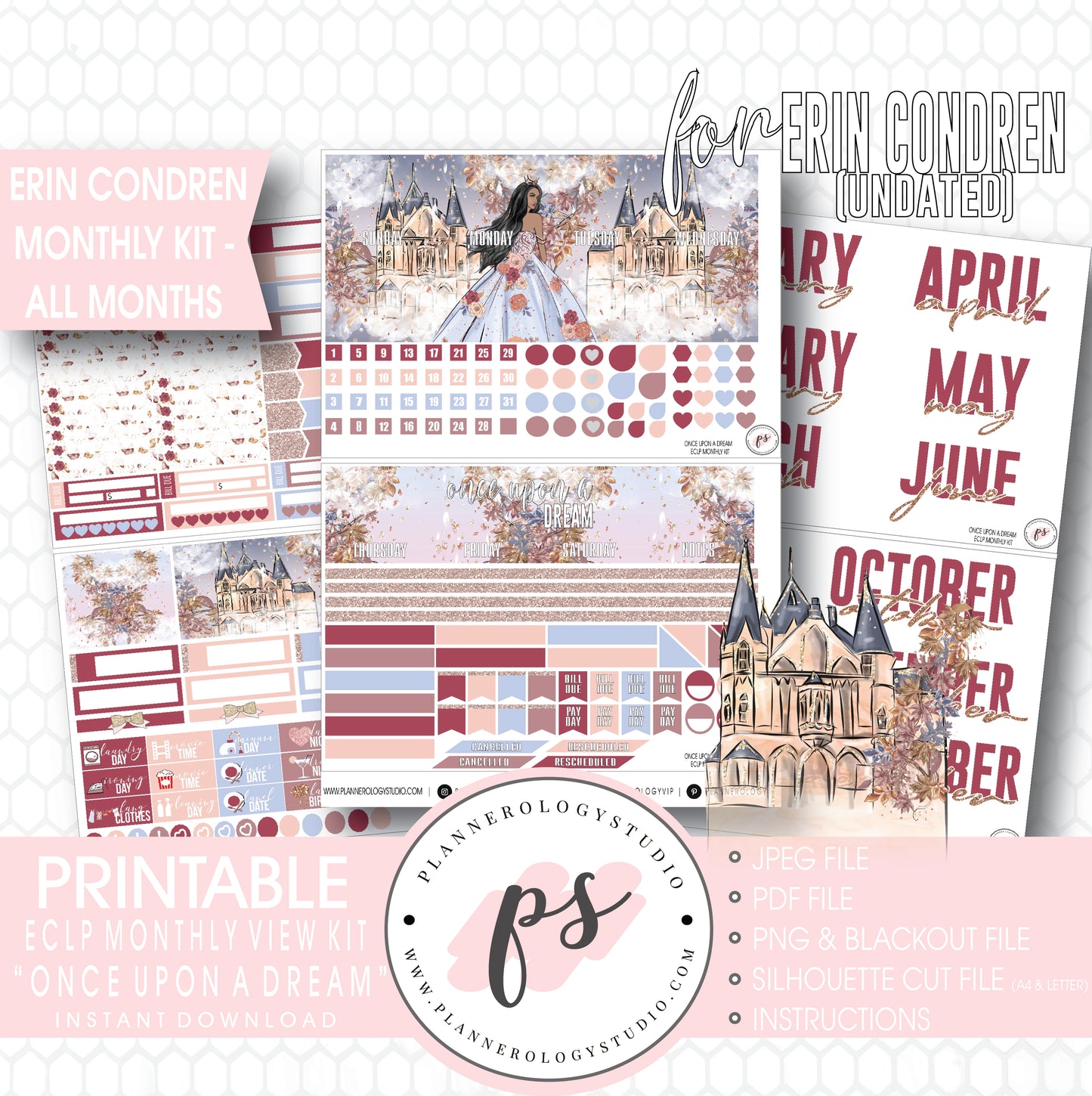 Once Upon a Dream Undated Monthly View Kit (All Months) Digital Printable Planner Stickers (for use with Erin Condren) - Plannerologystudio
