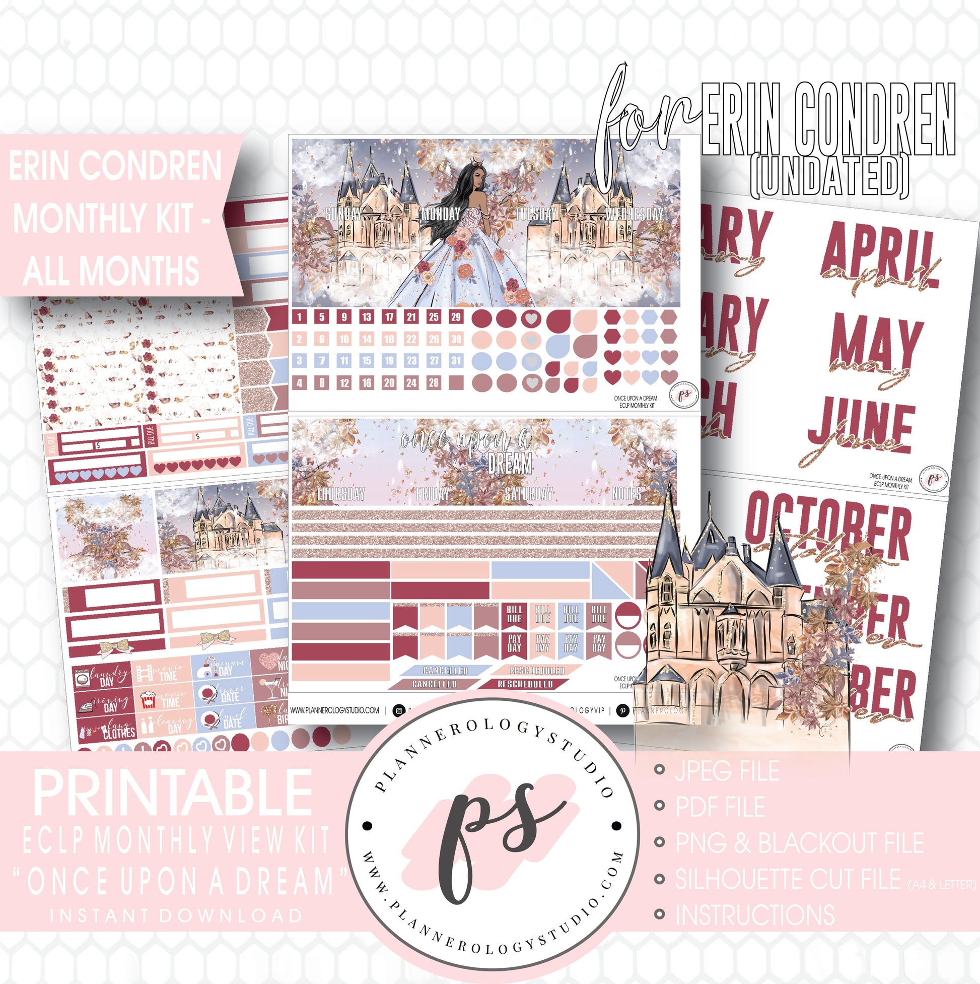 Once Upon a Dream Undated Monthly View Kit (All Months) Digital Printable Planner Stickers (for use with Erin Condren) - Plannerologystudio