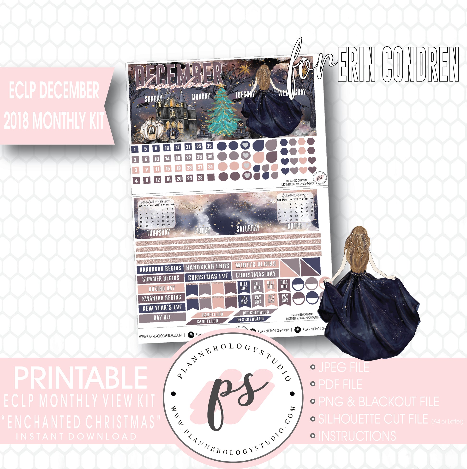 Enchanted Christmas December 2018 Monthly View Kit Digital Printable Planner Stickers (for use with Erin Condren) - Plannerologystudio