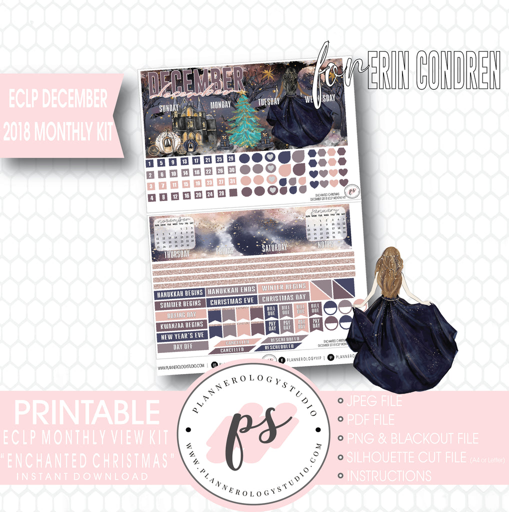 Enchanted Christmas December 2018 Monthly View Kit Digital Printable Planner Stickers (for use with Erin Condren) - Plannerologystudio