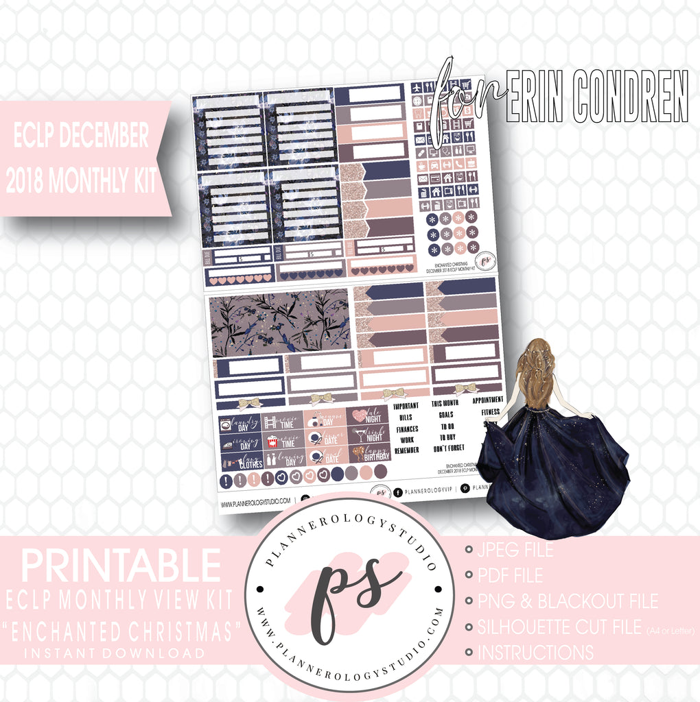 Enchanted Christmas December 2018 Monthly View Kit Digital Printable Planner Stickers (for use with Erin Condren) - Plannerologystudio