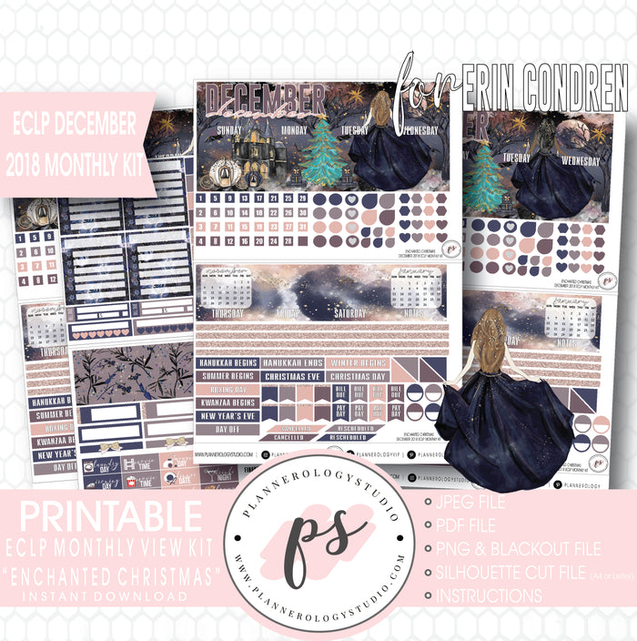 Enchanted Christmas December 2018 Monthly View Kit Digital Printable Planner Stickers (for use with Erin Condren) - Plannerologystudio