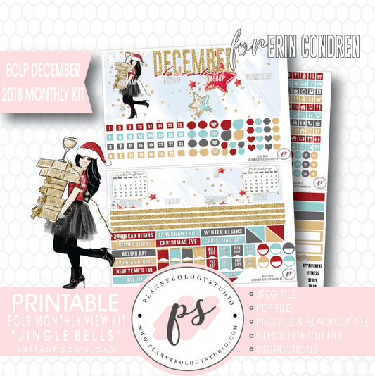 Jingle Bells Christmas December 2018 Monthly View Kit Digital Printable Planner Stickers (for use with Erin Condren) - Plannerologystudio