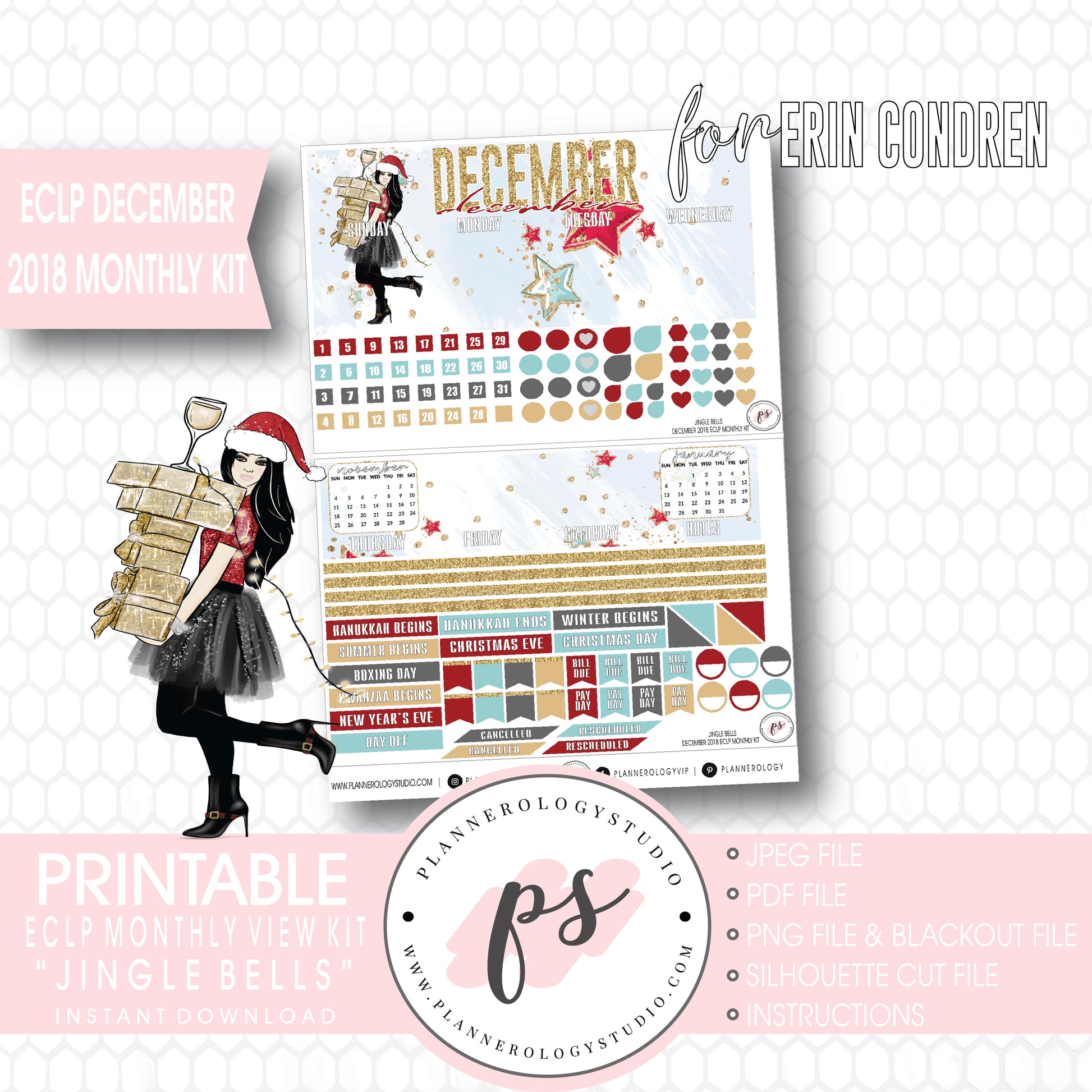 Jingle Bells Christmas December 2018 Monthly View Kit Digital Printable Planner Stickers (for use with Erin Condren) - Plannerologystudio
