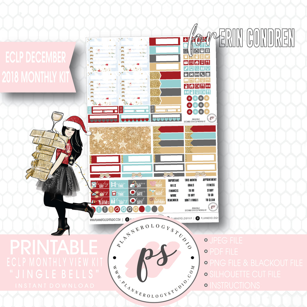 Jingle Bells Christmas December 2018 Monthly View Kit Digital Printable Planner Stickers (for use with Erin Condren) - Plannerologystudio