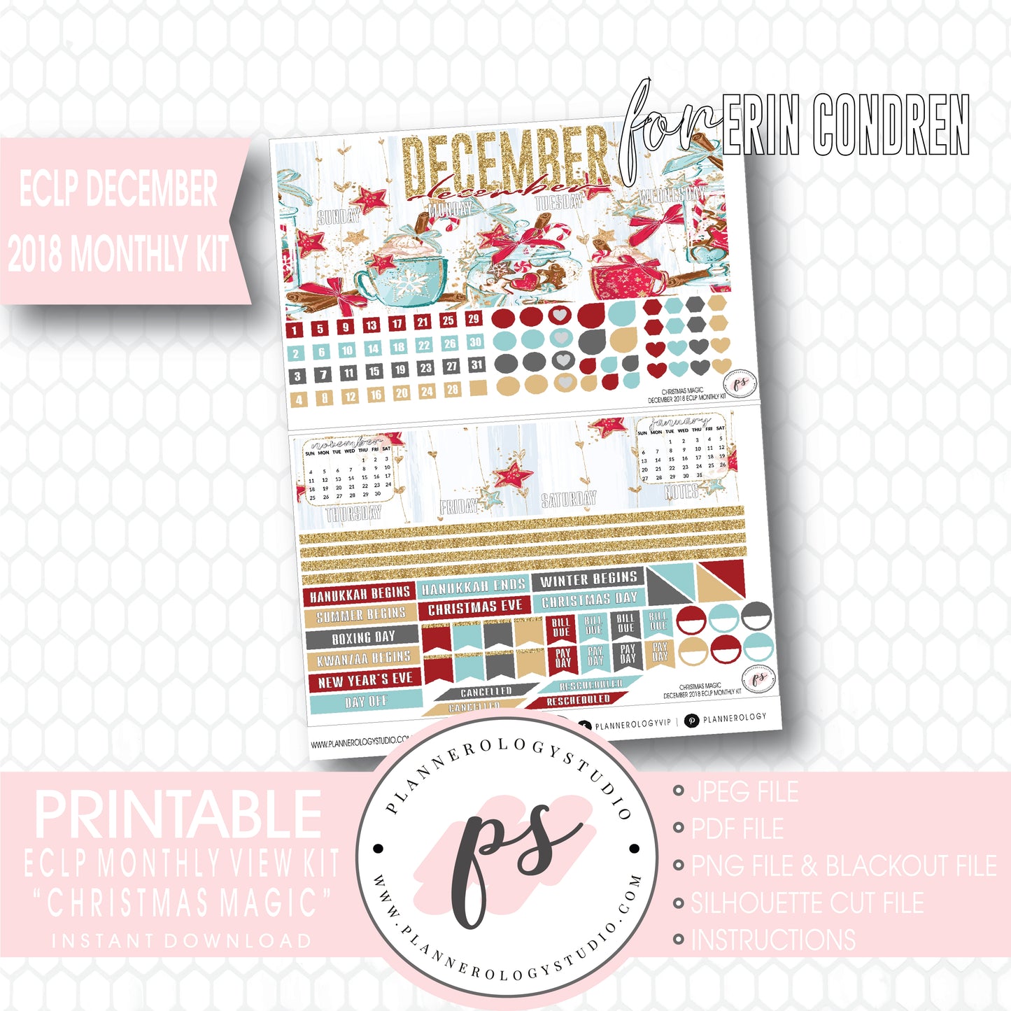 Christmas Magic December 2018 Monthly View Kit Digital Printable Planner Stickers (for use with Erin Condren) - Plannerologystudio