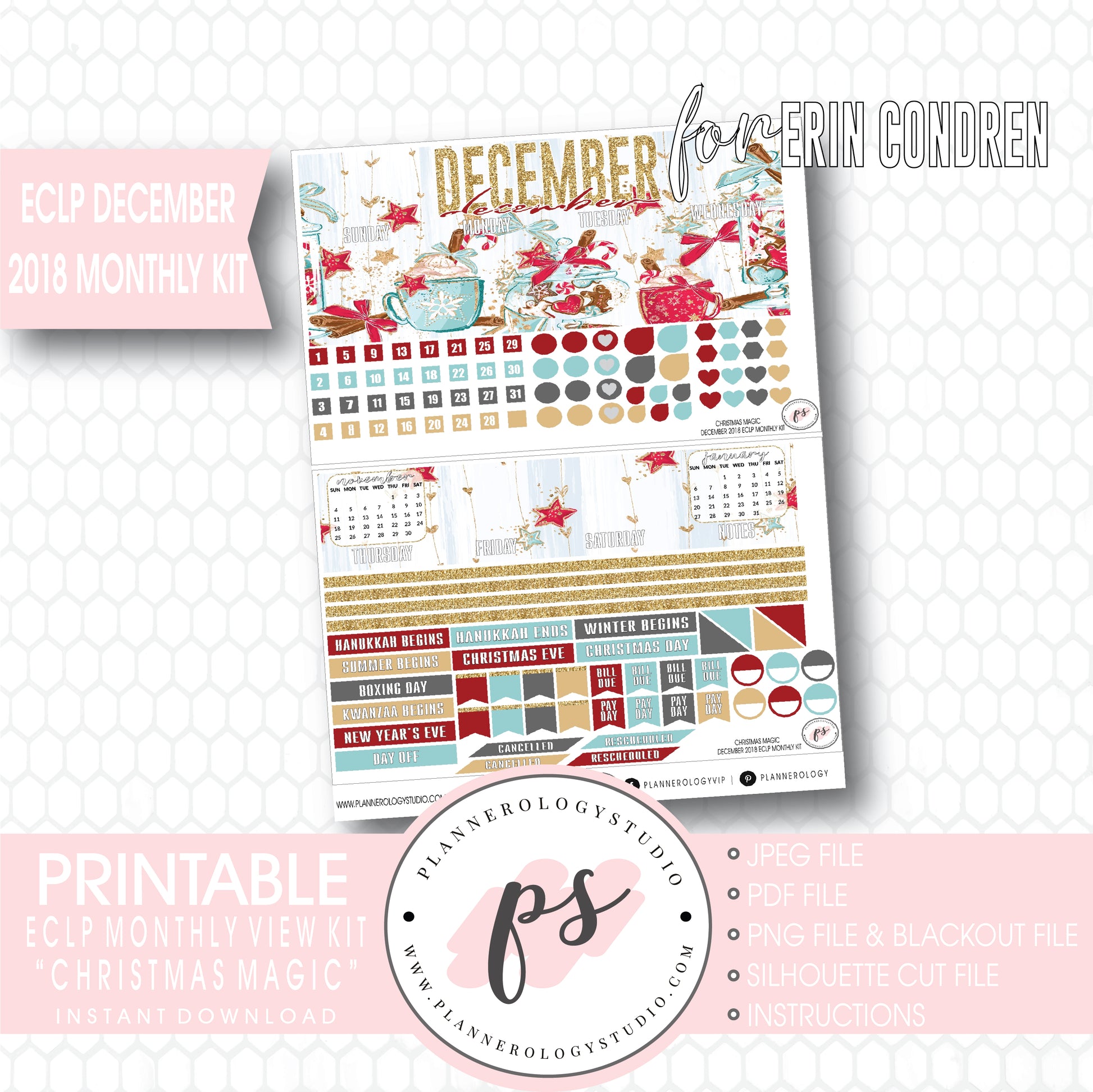Christmas Magic December 2018 Monthly View Kit Digital Printable Planner Stickers (for use with Erin Condren) - Plannerologystudio