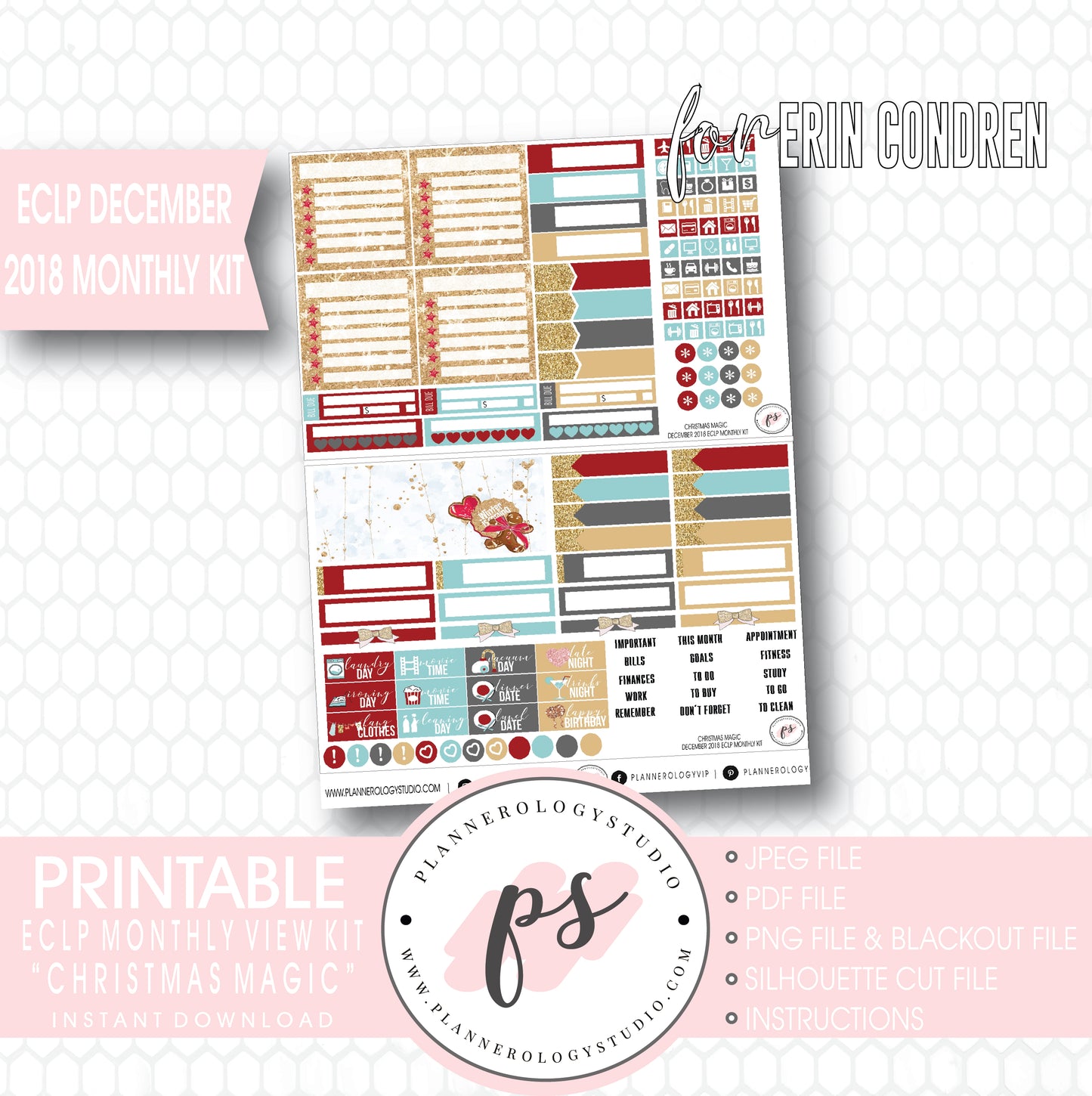 Christmas Magic December 2018 Monthly View Kit Digital Printable Planner Stickers (for use with Erin Condren) - Plannerologystudio