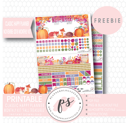 Fall Treasures Classic Happy Planner November 2018 Monthly Kit Digital Printable Planner Stickers (PDF/JPG/PNG/Silhouette Cut File Freebie) - Plannerologystudio