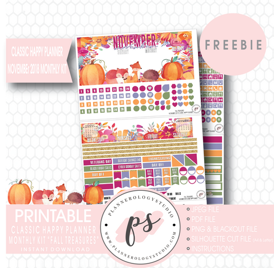 Fall Treasures Classic Happy Planner November 2018 Monthly Kit Digital Printable Planner Stickers (PDF/JPG/PNG/Silhouette Cut File Freebie) - Plannerologystudio