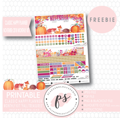 Fall Treasures Classic Happy Planner November 2018 Monthly Kit Digital Printable Planner Stickers (PDF/JPG/PNG/Silhouette Cut File Freebie) - Plannerologystudio