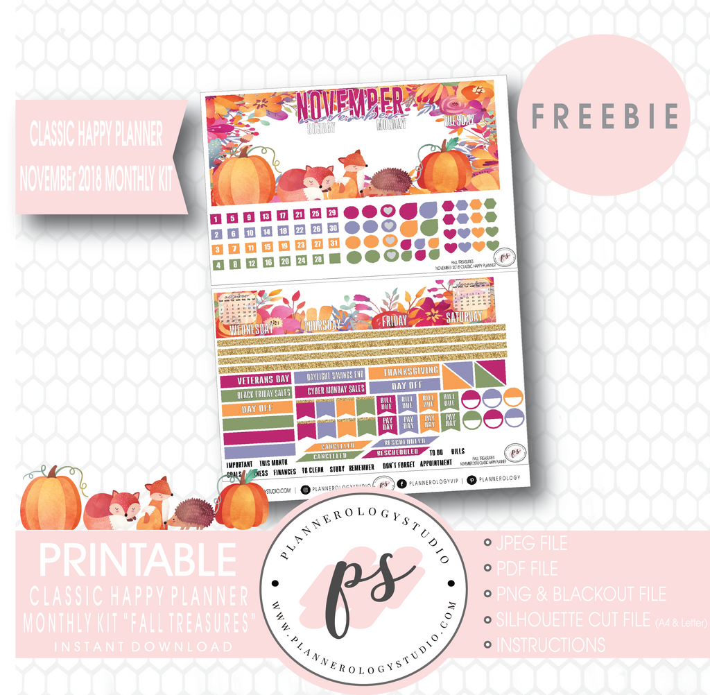 Fall Treasures Classic Happy Planner November 2018 Monthly Kit Digital Printable Planner Stickers (PDF/JPG/PNG/Silhouette Cut File Freebie) - Plannerologystudio