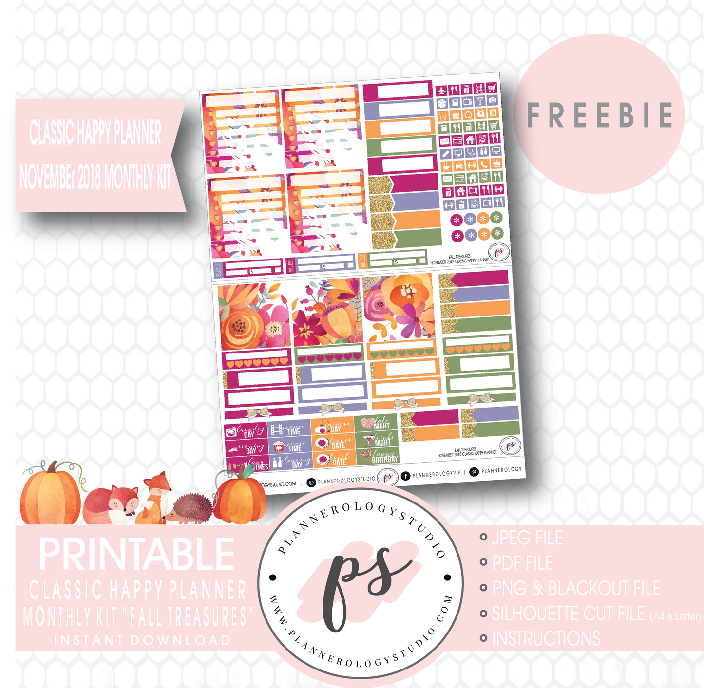 Fall Treasures Classic Happy Planner November 2018 Monthly Kit Digital Printable Planner Stickers (PDF/JPG/PNG/Silhouette Cut File Freebie) - Plannerologystudio