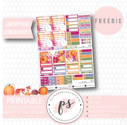 Fall Treasures Classic Happy Planner November 2018 Monthly Kit Digital Printable Planner Stickers (PDF/JPG/PNG/Silhouette Cut File Freebie) - Plannerologystudio