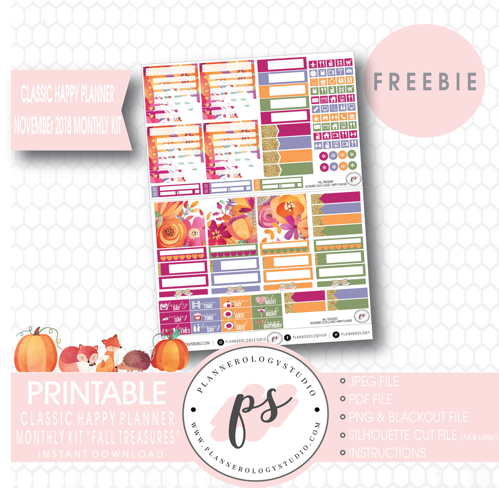Fall Treasures Classic Happy Planner November 2018 Monthly Kit Digital Printable Planner Stickers (PDF/JPG/PNG/Silhouette Cut File Freebie) - Plannerologystudio
