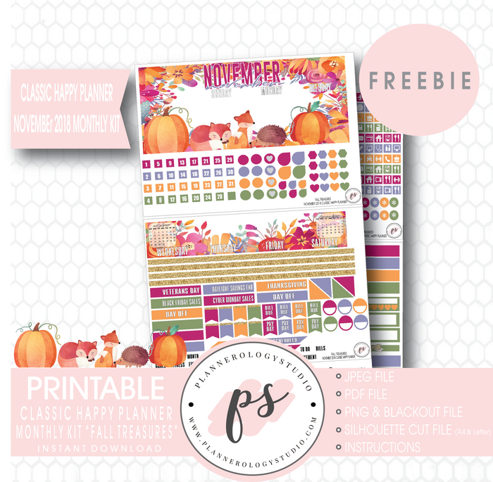 Fall Treasures Classic Happy Planner November 2018 Monthly Kit Digital Printable Planner Stickers (PDF/JPG/PNG/Silhouette Cut File Freebie) - Plannerologystudio