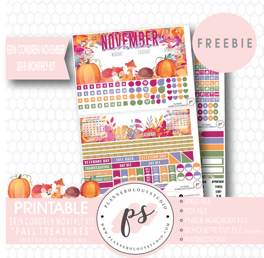 Fall Treasures ECLP Erin Condren November 2018 Monthly Kit Digital Printable Planner Stickers (PDF/JPG/PNG/Silhouette Cut File Freebie) - Plannerologystudio