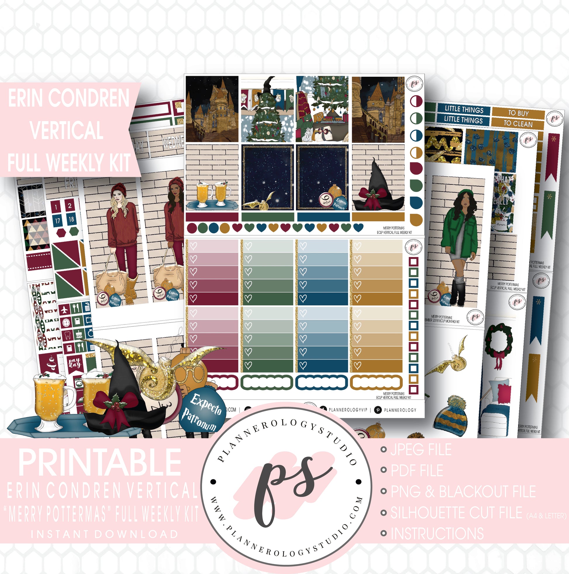 Merry Pottermas (Harry Potter) Christmas Full Weekly Kit Printable Planner Digital Stickers (for use with Erin Condren Vertical) - Plannerologystudio