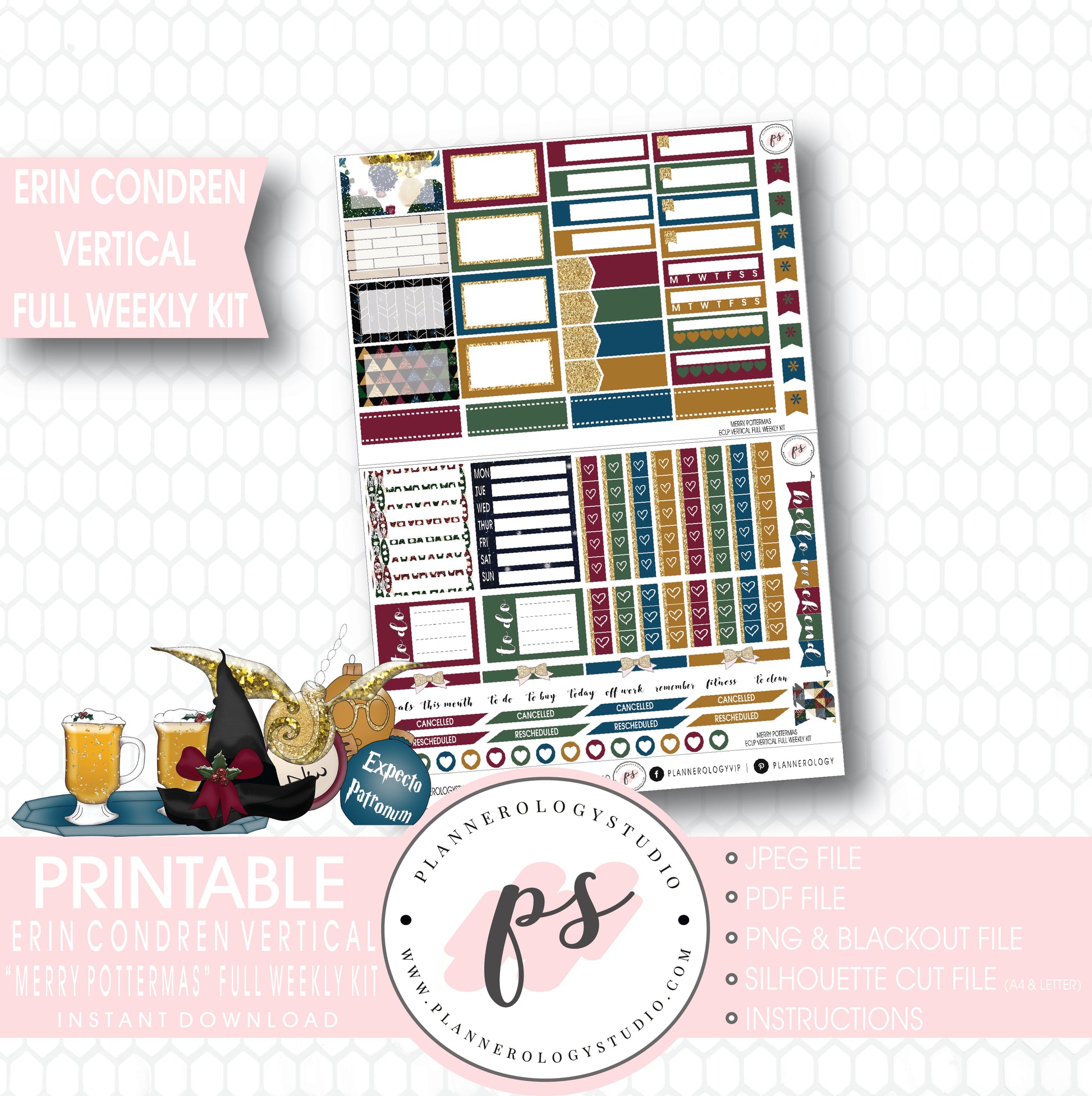Merry Pottermas (Harry Potter) Christmas Full Weekly Kit Printable Planner Digital Stickers (for use with Erin Condren Vertical) - Plannerologystudio