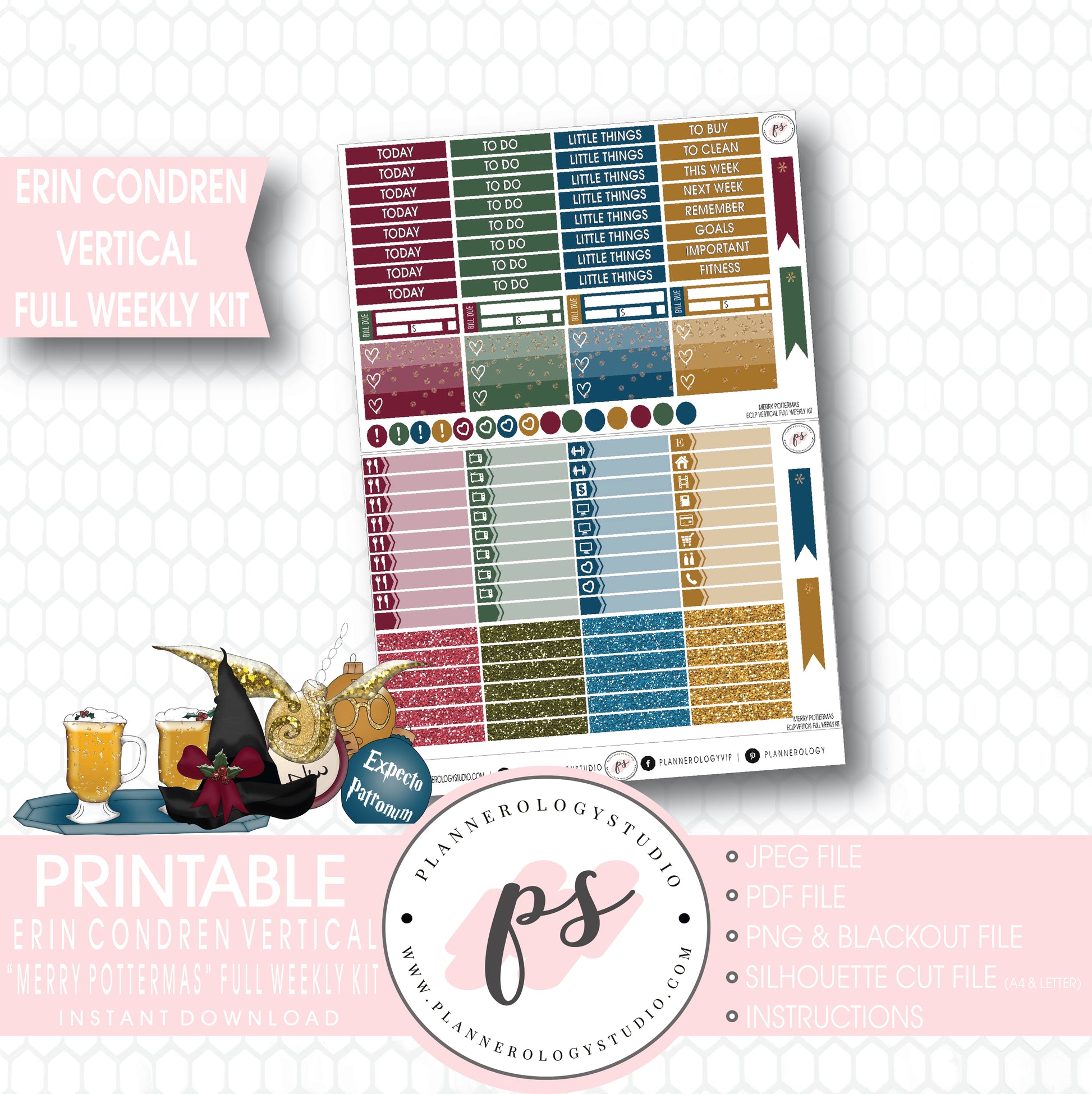 Merry Pottermas (Harry Potter) Christmas Full Weekly Kit Printable Planner Digital Stickers (for use with Erin Condren Vertical) - Plannerologystudio