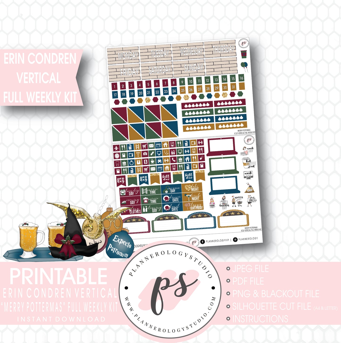 Merry Pottermas (Harry Potter) Christmas Full Weekly Kit Printable Planner Digital Stickers (for use with Erin Condren Vertical) - Plannerologystudio