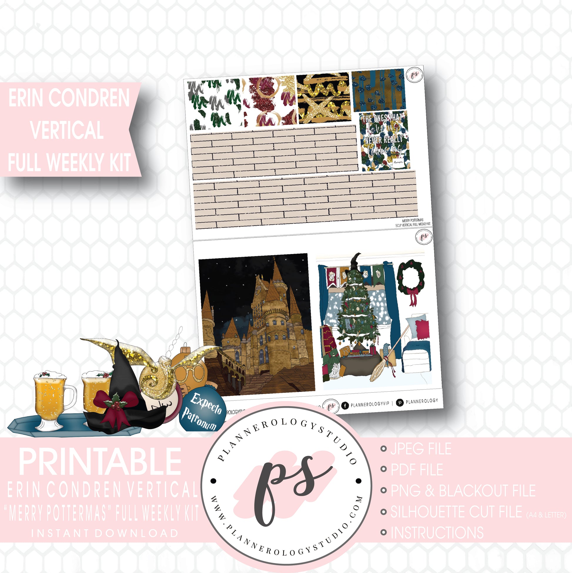 Merry Pottermas (Harry Potter) Christmas Full Weekly Kit Printable Planner Digital Stickers (for use with Erin Condren Vertical) - Plannerologystudio