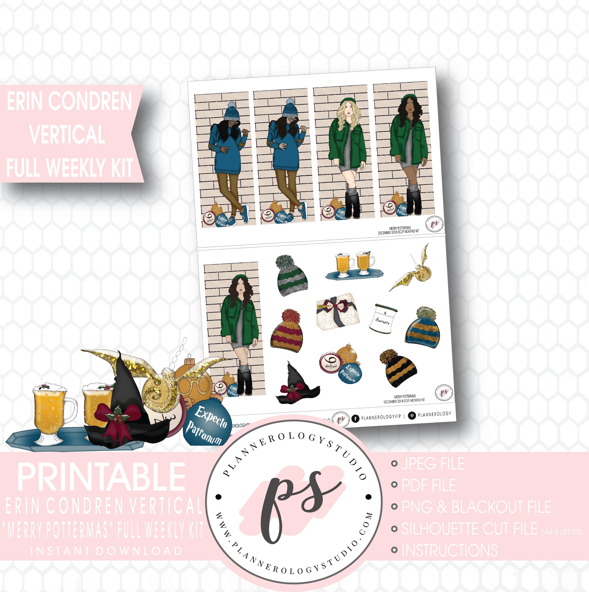 Merry Pottermas (Harry Potter) Christmas Full Weekly Kit Printable Planner Digital Stickers (for use with Erin Condren Vertical) - Plannerologystudio